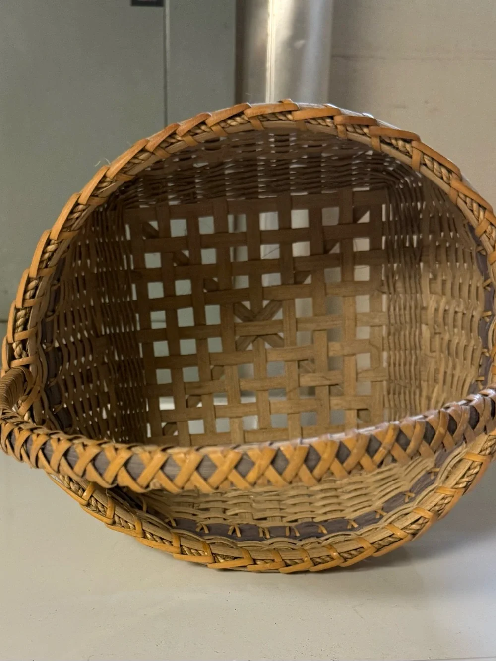 Vintage Hand Woven Basket with Blue Accents Rustic Country Farmhouse